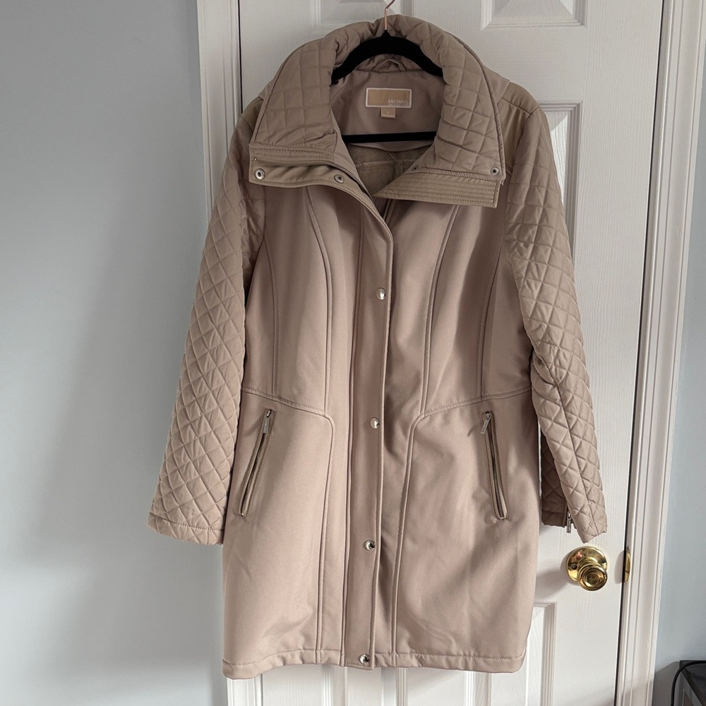 Michael Michael Kors Quilted Beige Bone Long Hooded Puffer Coat Size XL